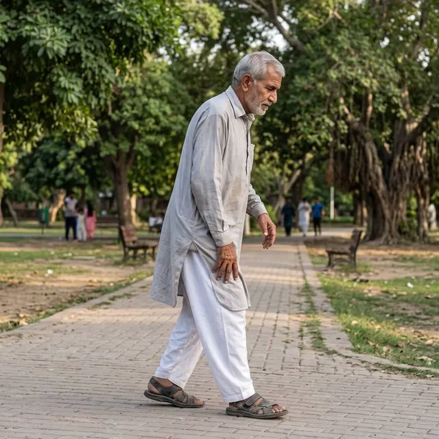 Elderly man walking in a park, holding his thigh