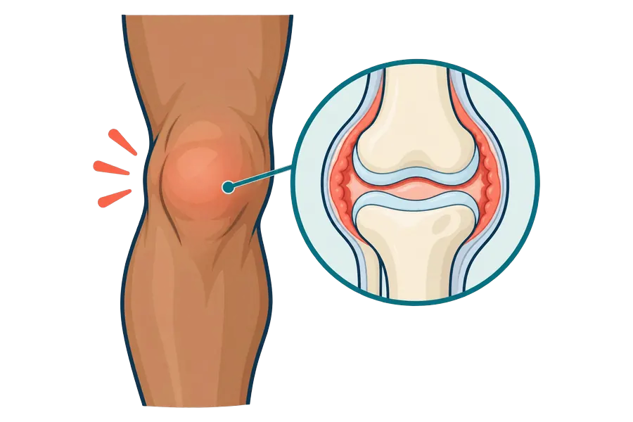 Inflamed knee joint with redness