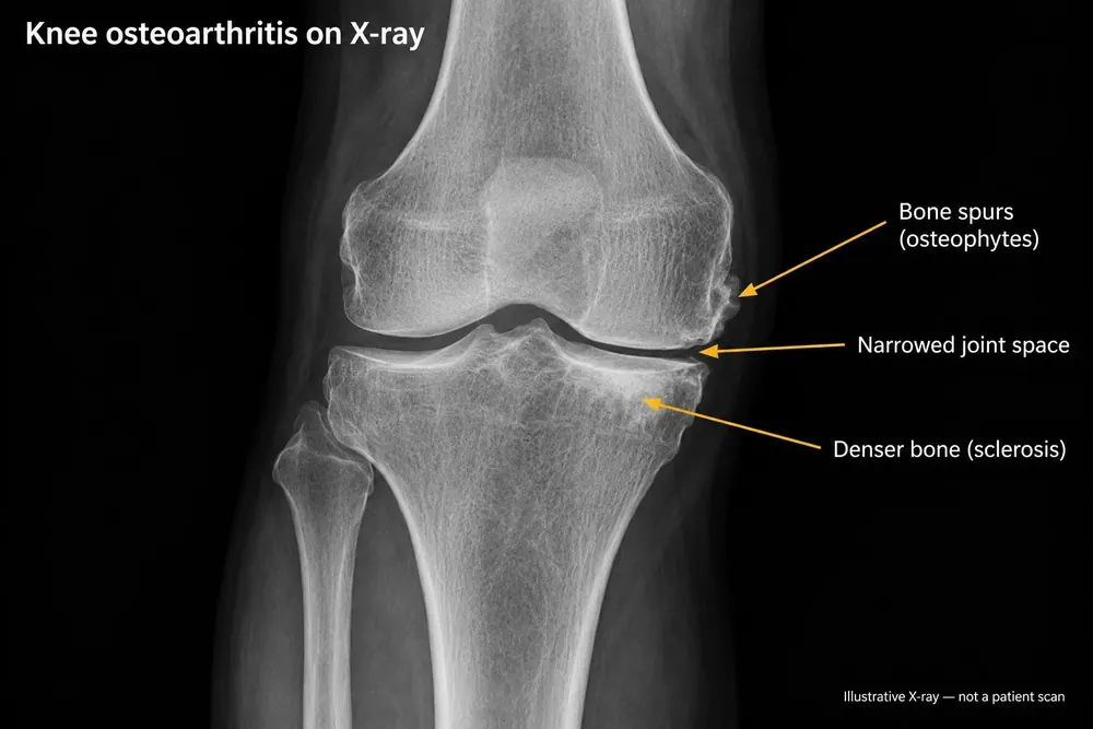 Knee X-ray showing osteoarthritis: bone spurs, narrowed joint space and denser bone